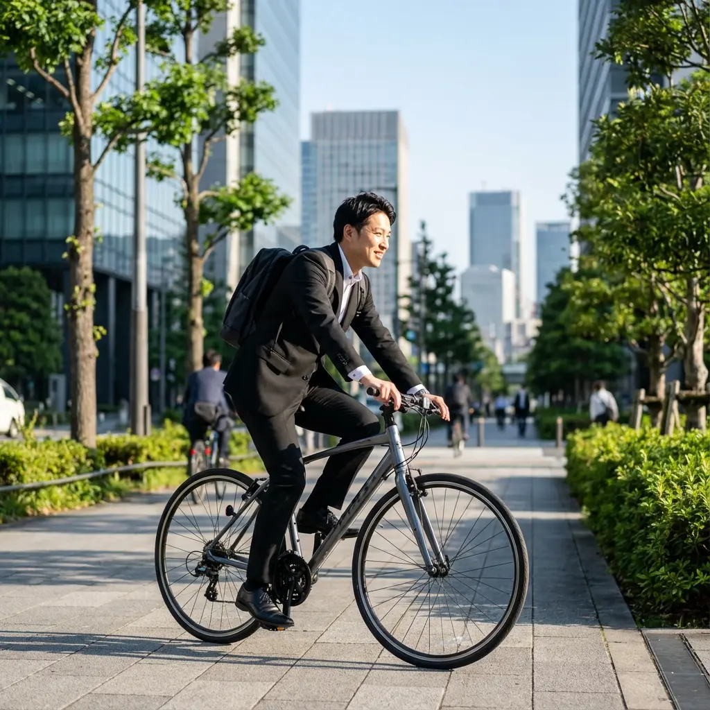 朝の光の中、軽快にクロスバイクで通勤するビジネスパーソンのイメージ