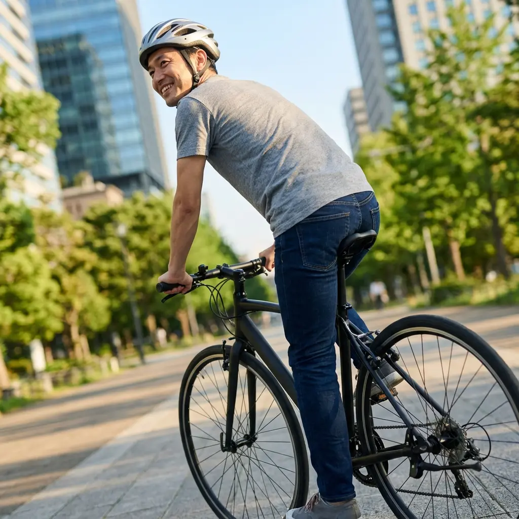 新しいクロスバイクで街を走り出し、笑顔を見せるサイクリストのイメージ