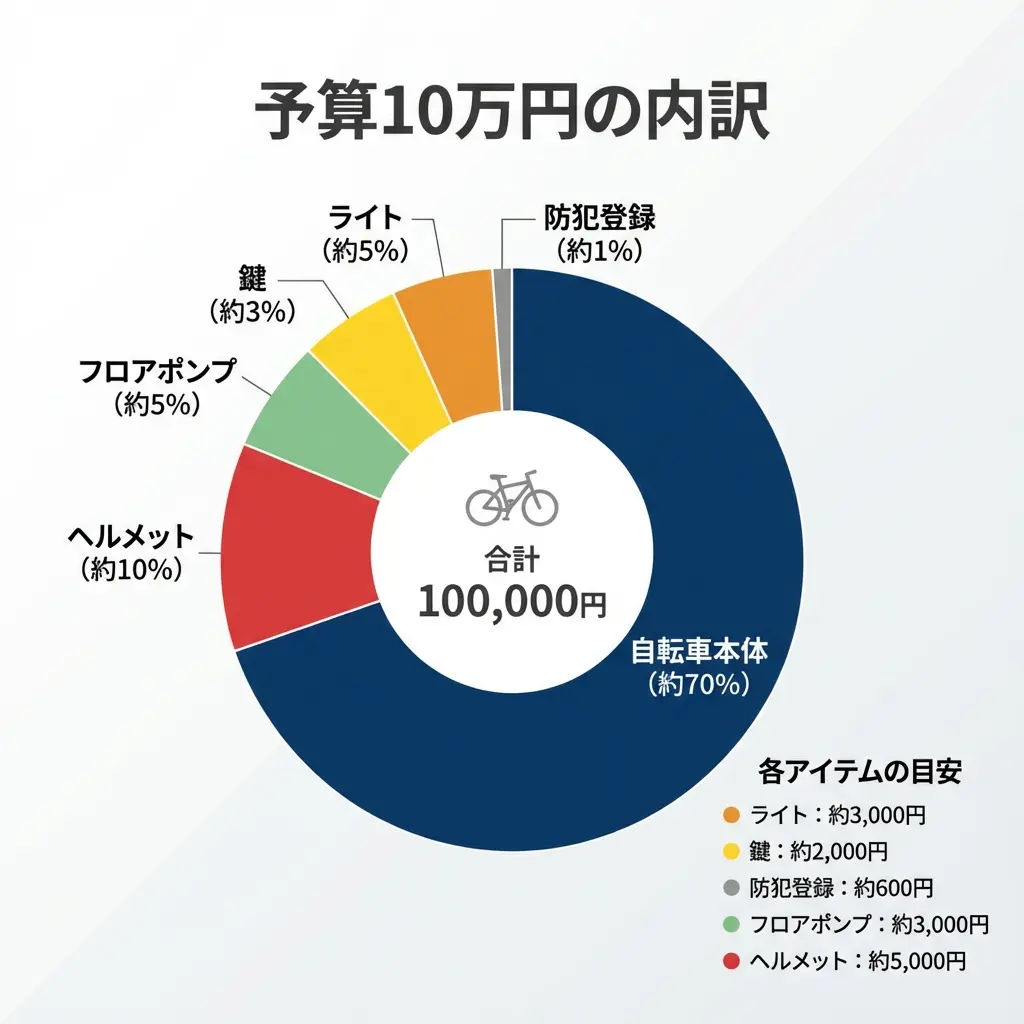 クロスバイク乗り出し費用の内訳円グラフ。車体価格、ライト、鍵、空気入れ、ヘルメット、防犯登録の比率を視覚化。