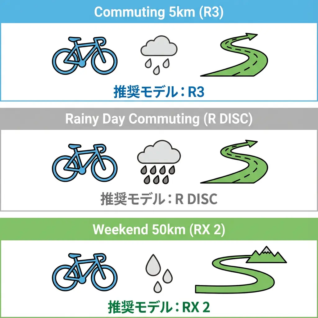 通勤、雨天走行、サイクリングなど様々な利用シーン