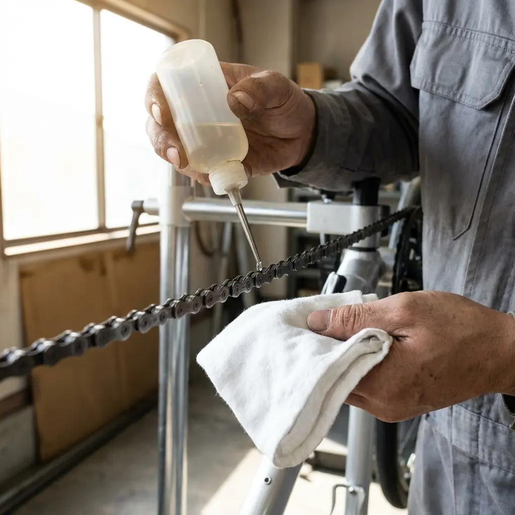 チェーンへの注油作業