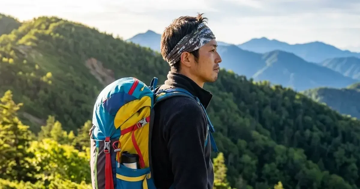 20〜30Lの日帰り登山ザックを背負い山並みを望む登山者