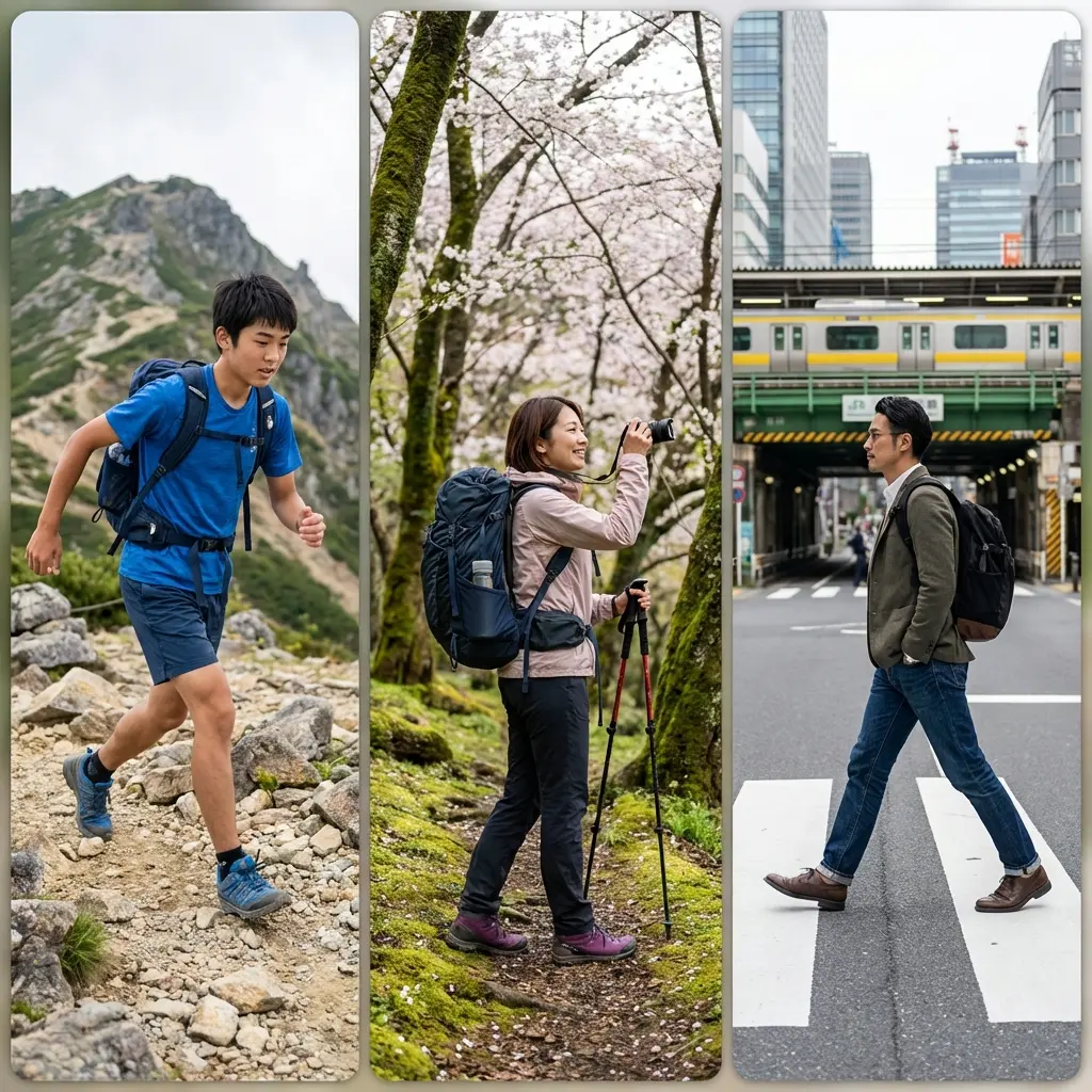 様々な登山スタイル（スピードハイク、のんびり、街兼用）のイメージ