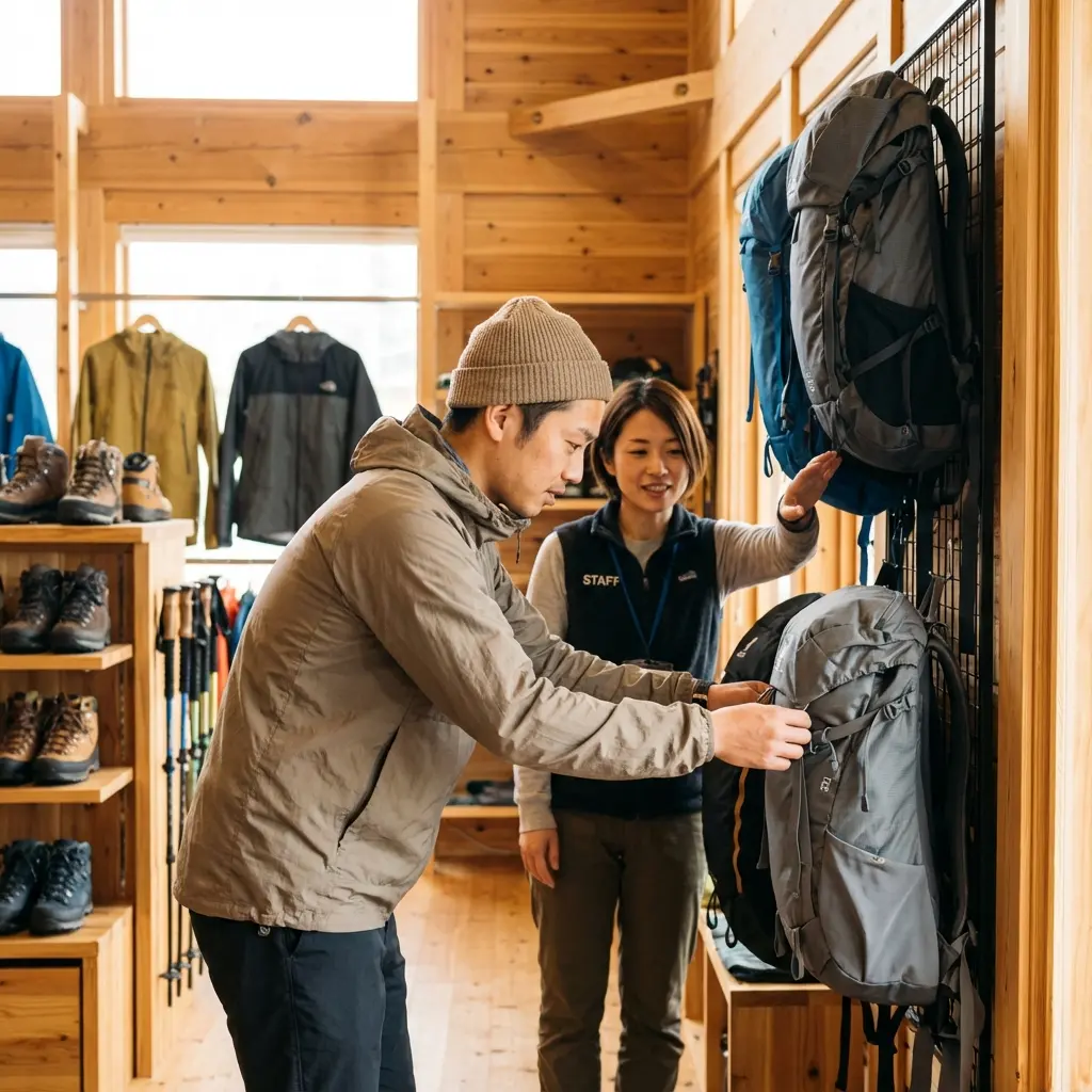 登山ショップでザックのサイズや背面長を確認する様子