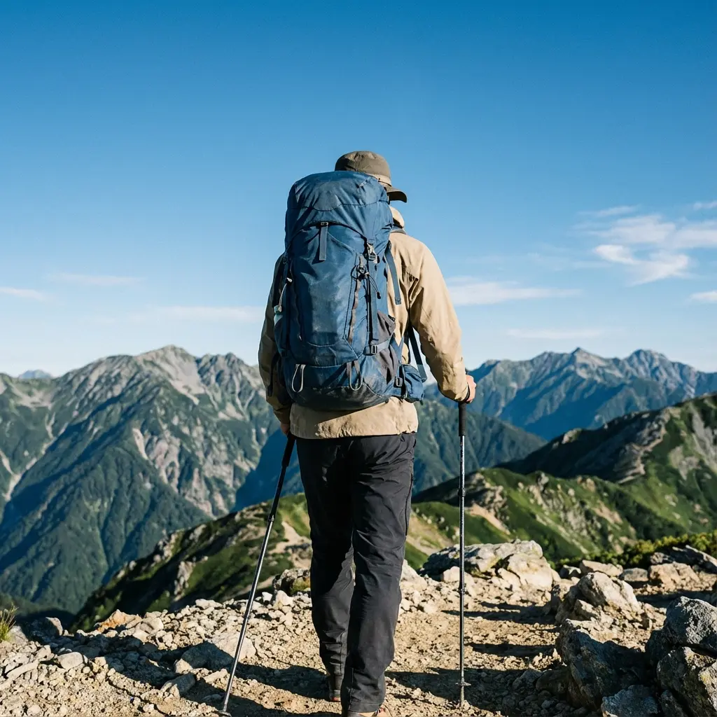 山小屋泊に向かう登山者が40-50Lのザックを背負って稜線を歩いている後ろ姿