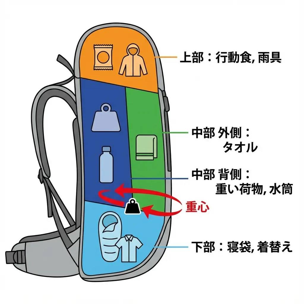 ザックへのパッキング手順を図解したイラスト