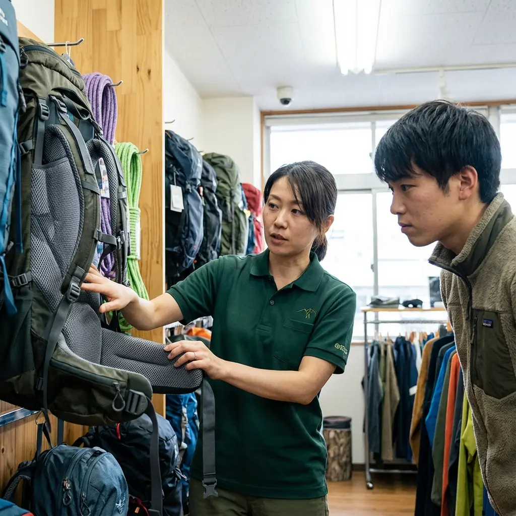 登山用品店でザックの背面システムを確認している様子