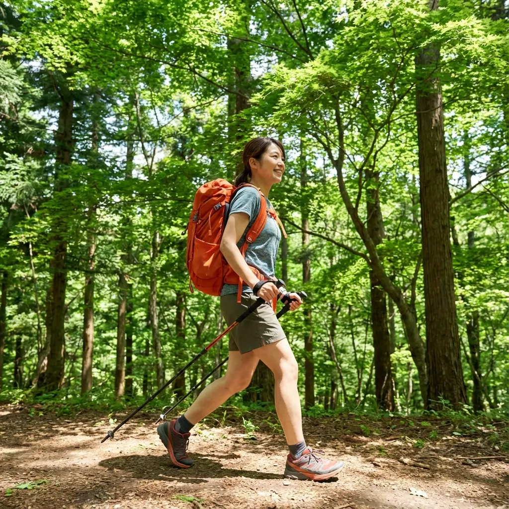 森のトレイルを軽快に歩くハイカー
