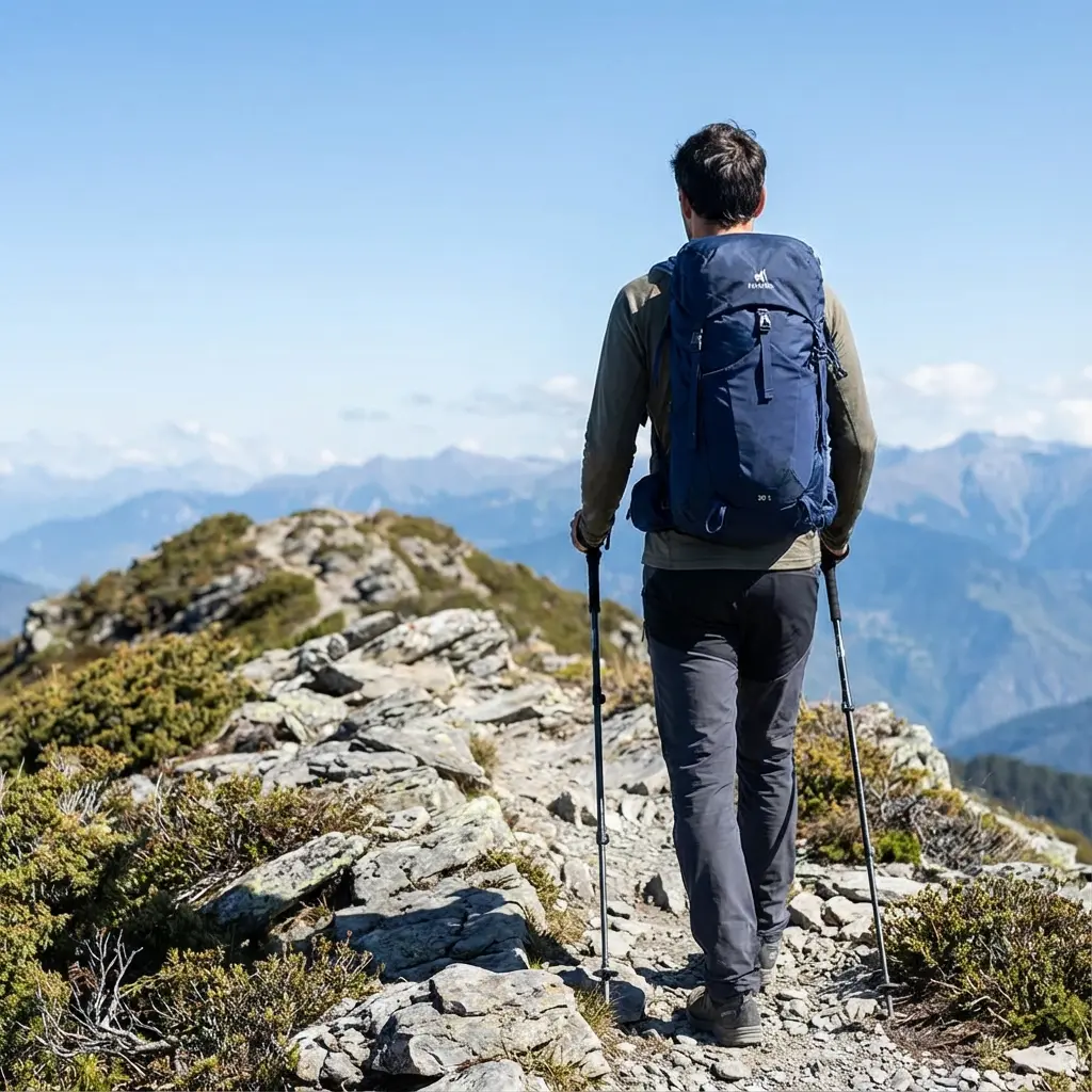 30Lザックを背負って山を歩く登山者