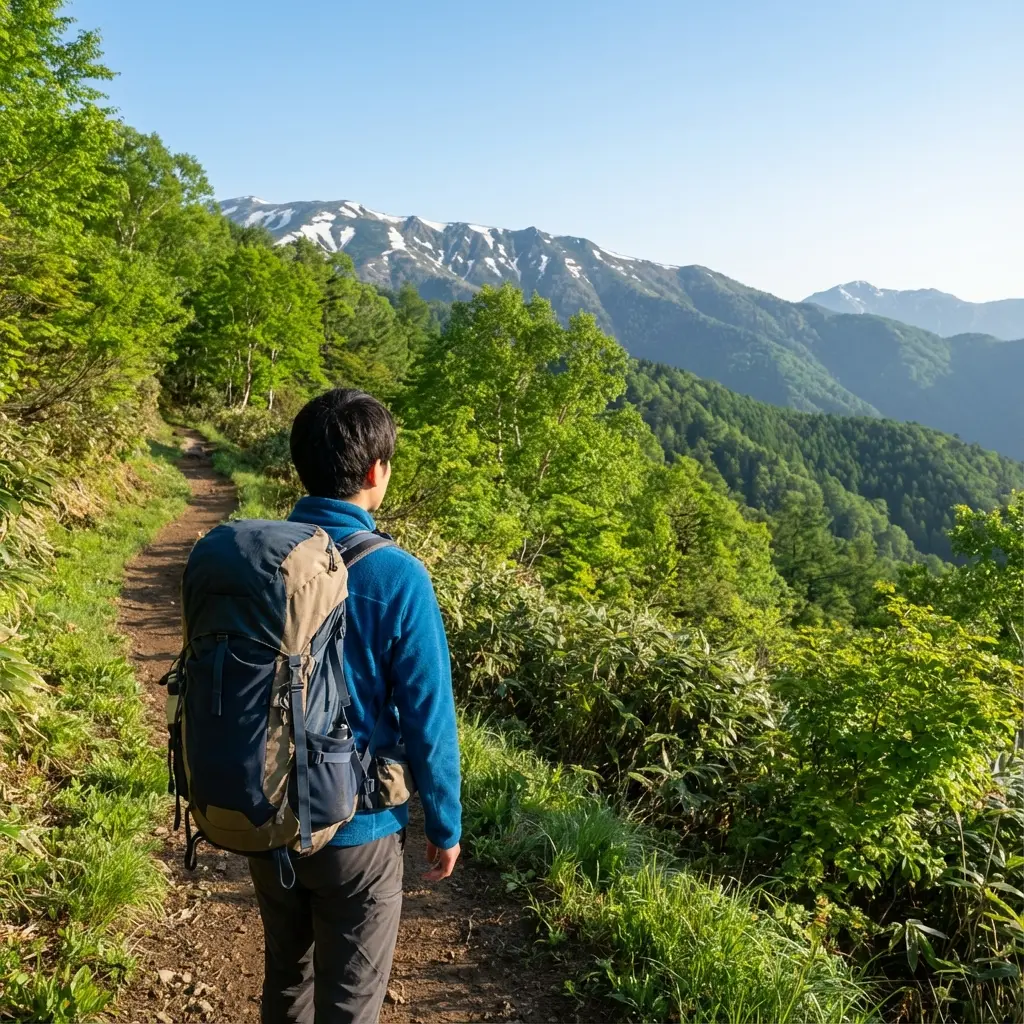 春の山岳地帯を歩く登山者の後ろ姿
