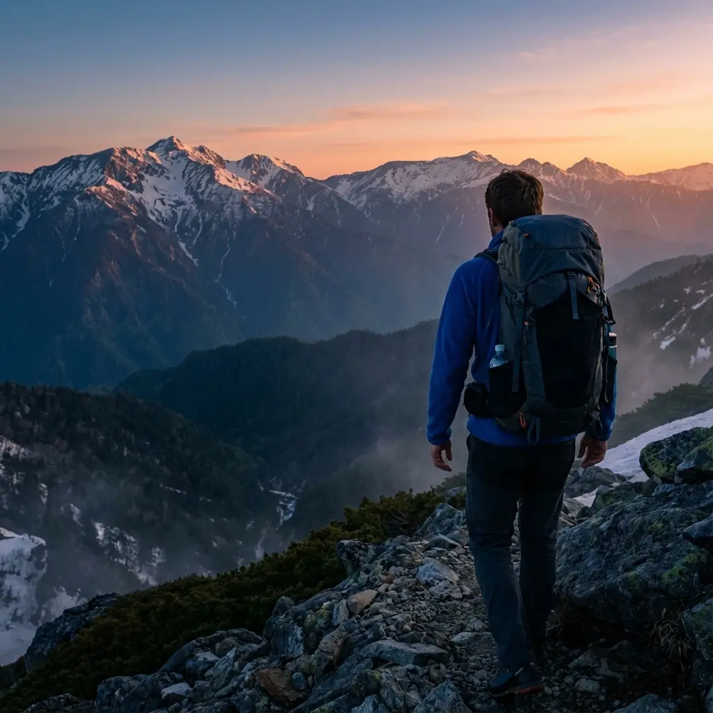春秋登山でミドルレイヤーを着用する登山者