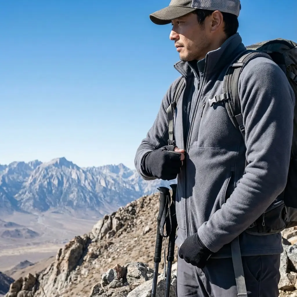 ジッパーを開けて体温調節する登山者