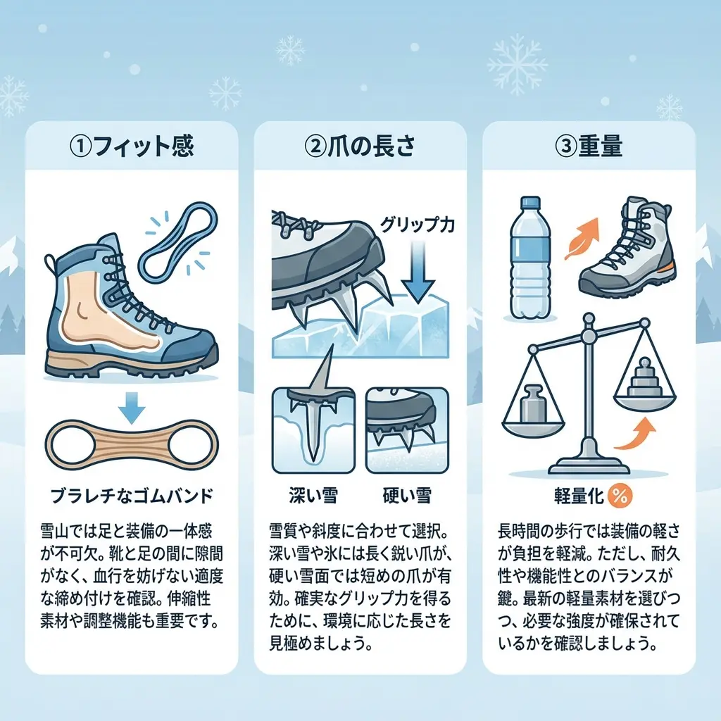 フィット感、爪の長さ、重量を比較検討している登山者のイメージ
