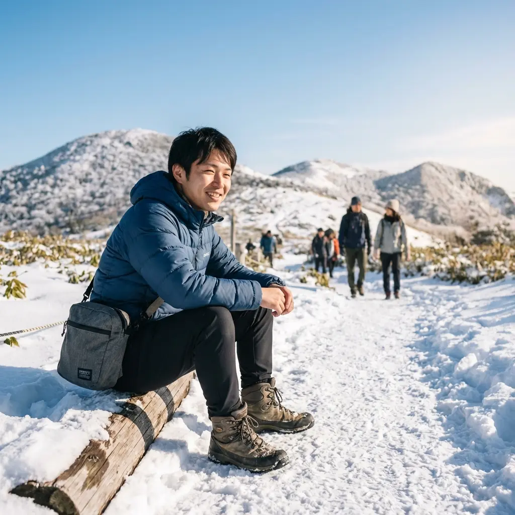 初心者ハイカーが雪山で休憩している楽しそうなシーン