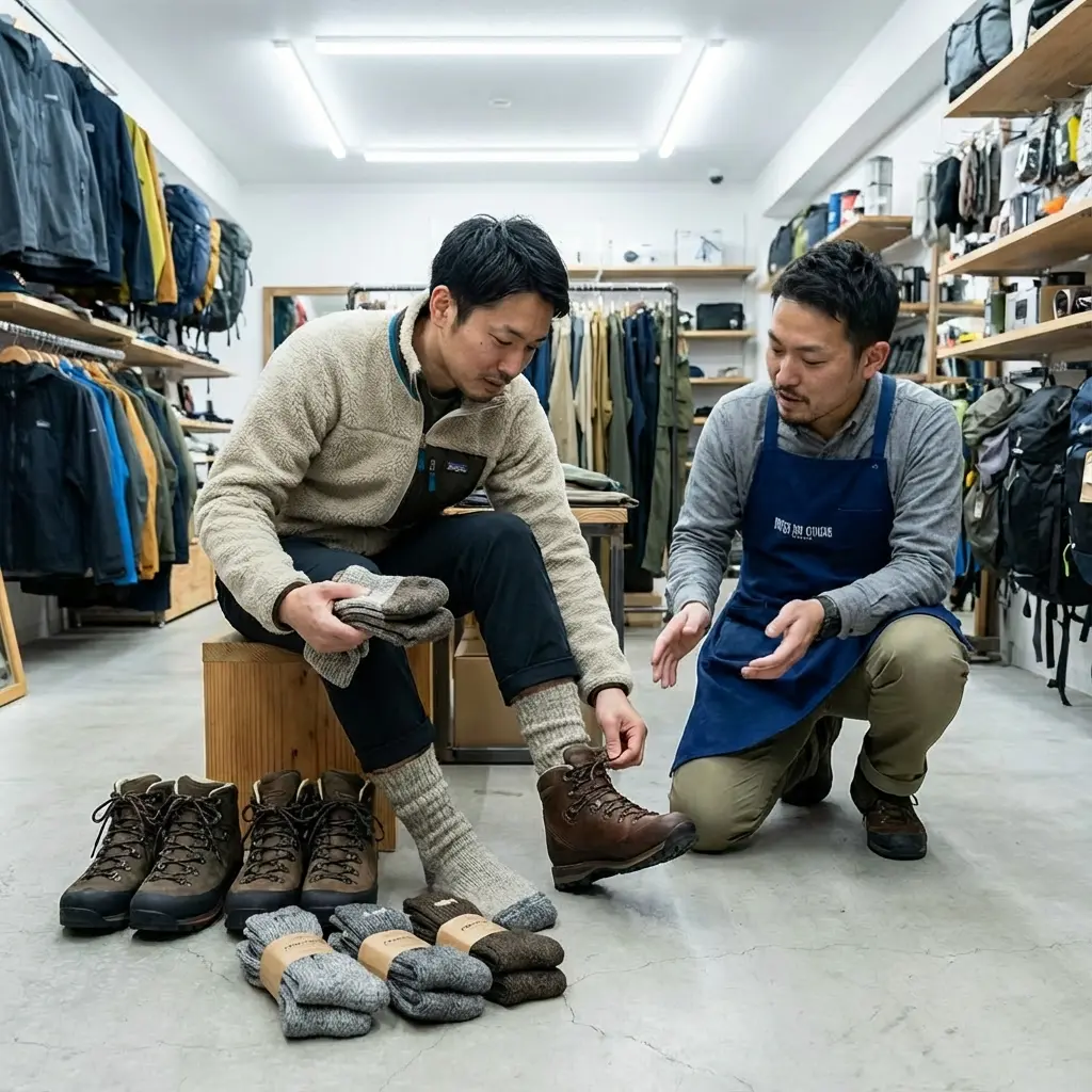 ショップで厚手のウール靴下を履いて試し履きをする様子