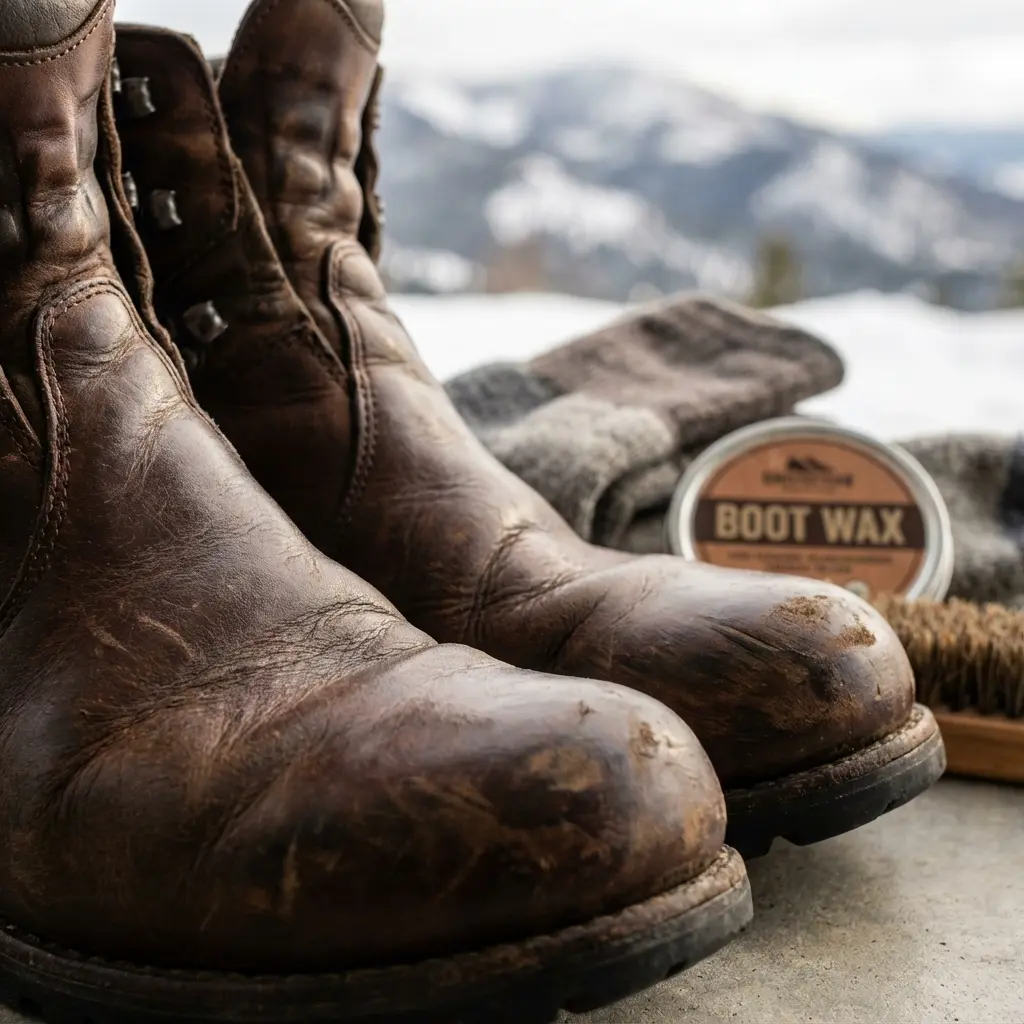 使い込まれて味の出た重厚な本革登山靴