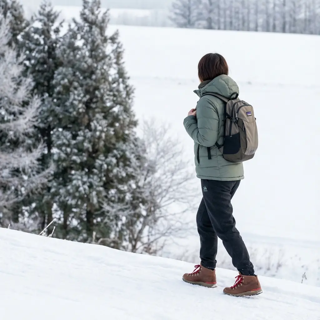 スタイリッシュな登山ウェアで雪の斜面を登るハイカー