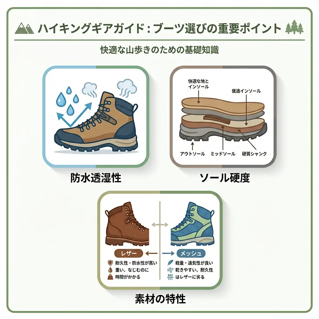 登山靴のソールと防水透湿性素材のクローズアップ
