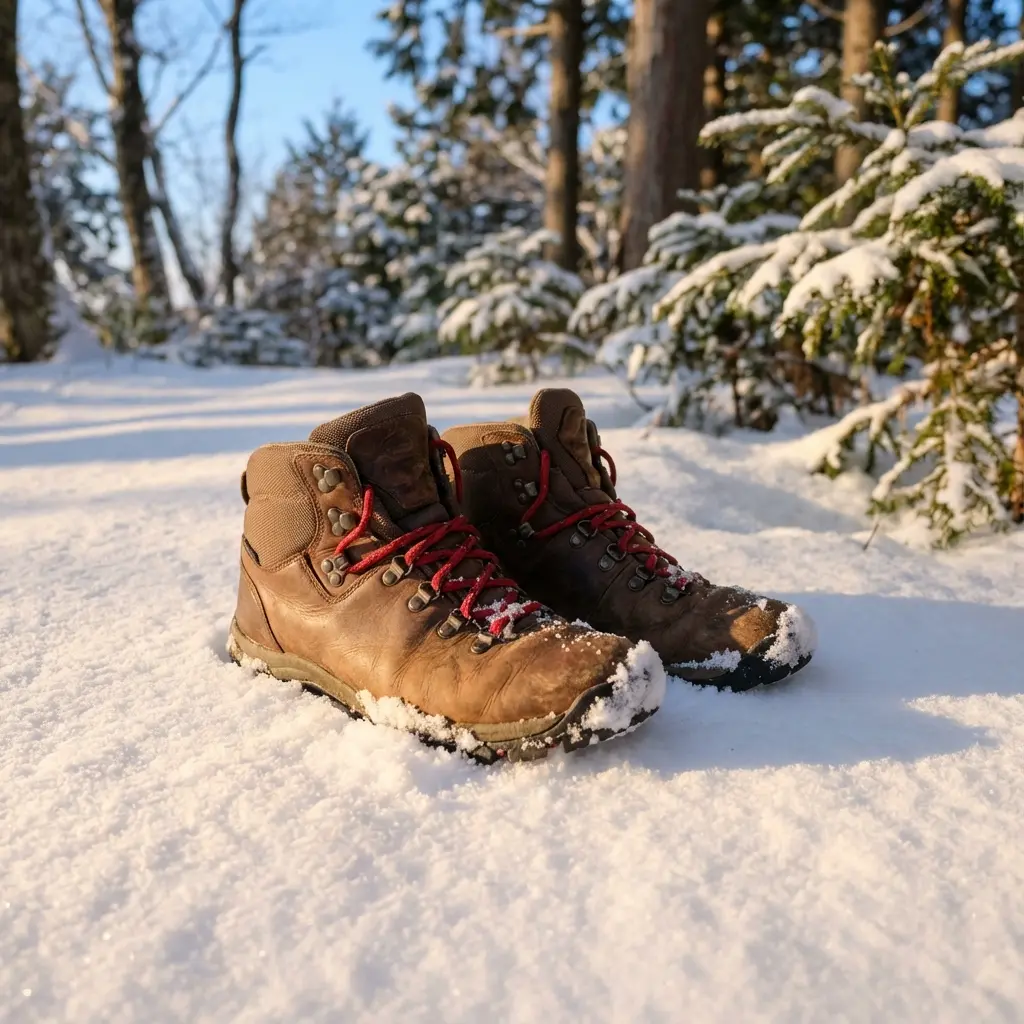 雪の低山でハイキングを楽しむハイカーの後ろ姿