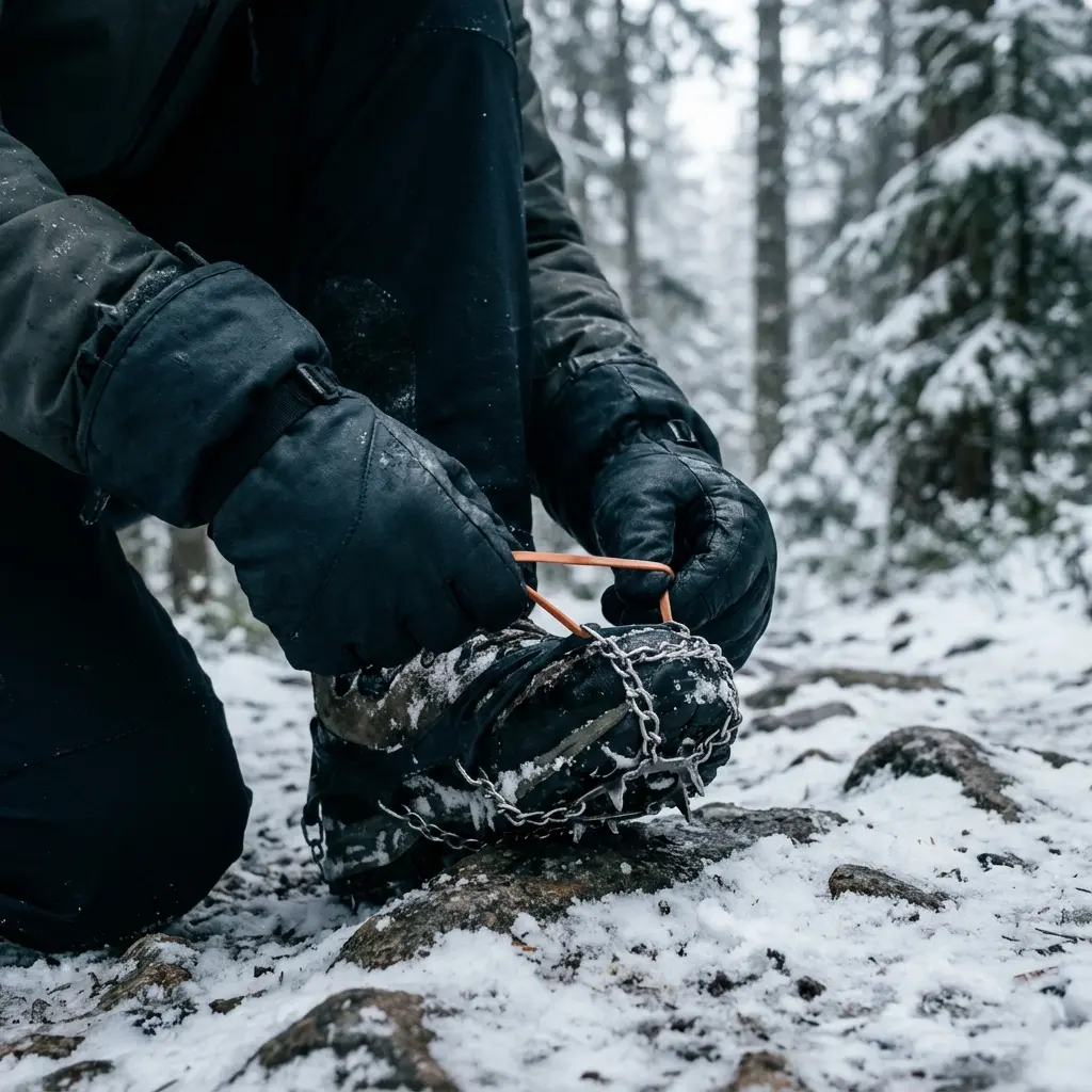 冬の低山でチェーンスパイクを装着する手元の様子