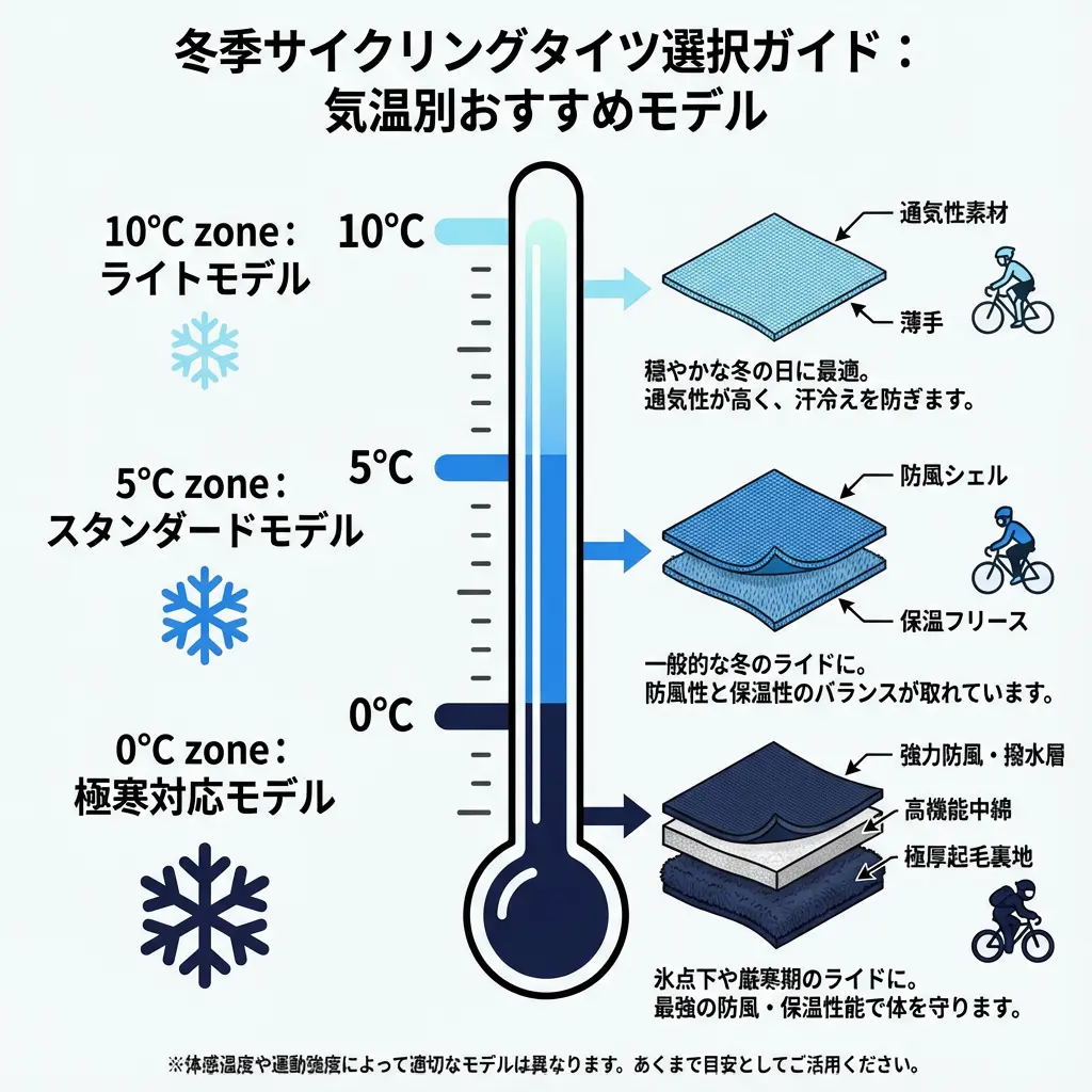 冬用サイクリングタイツの気温別選び方を示すインフォグラフィック（0℃・5℃・10℃）