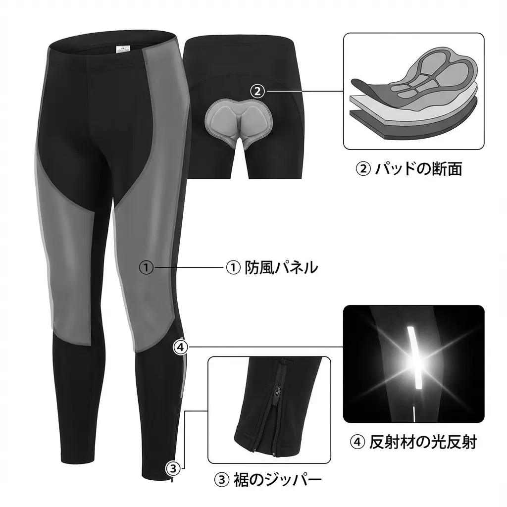 サイクルタイツの重要構造（防風パネル・パッド・裾ファスナー・反射材）を示した詳細図解