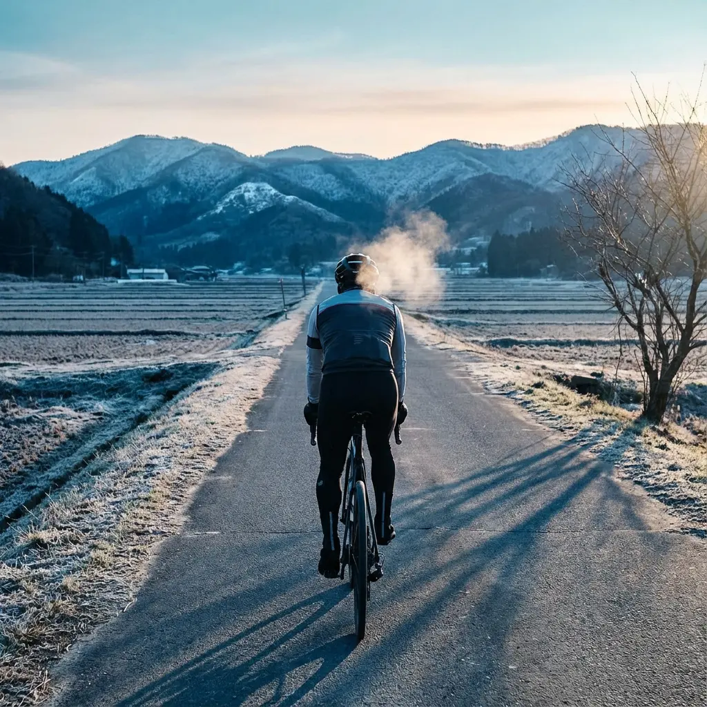 冬の早朝、白い息を吐きながらロードバイクで走るサイクリストの後ろ姿