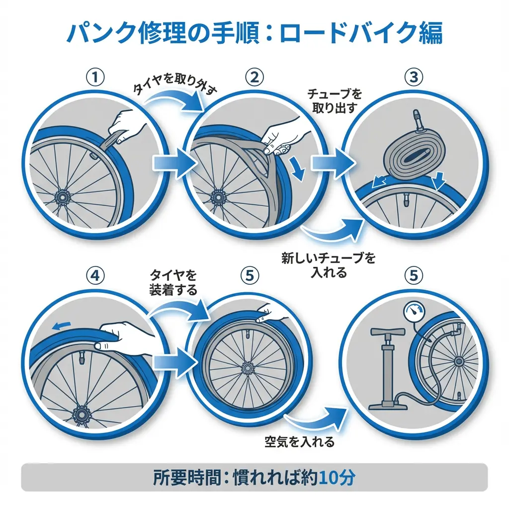 ロードバイクのパンク修理手順を5ステップで解説したフローチャート図