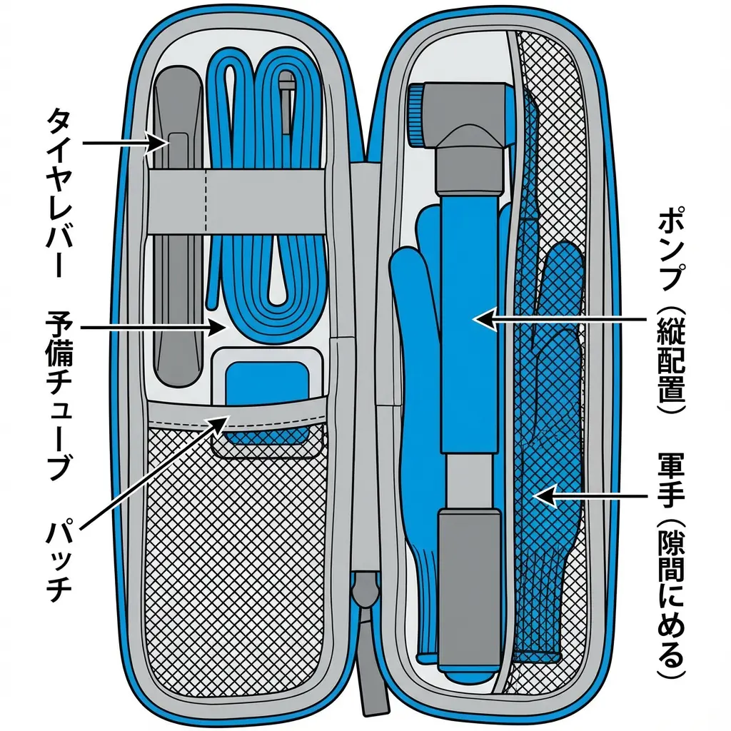 ツールケース内部の収納イメージ図。隙間なくアイテムが収まっている