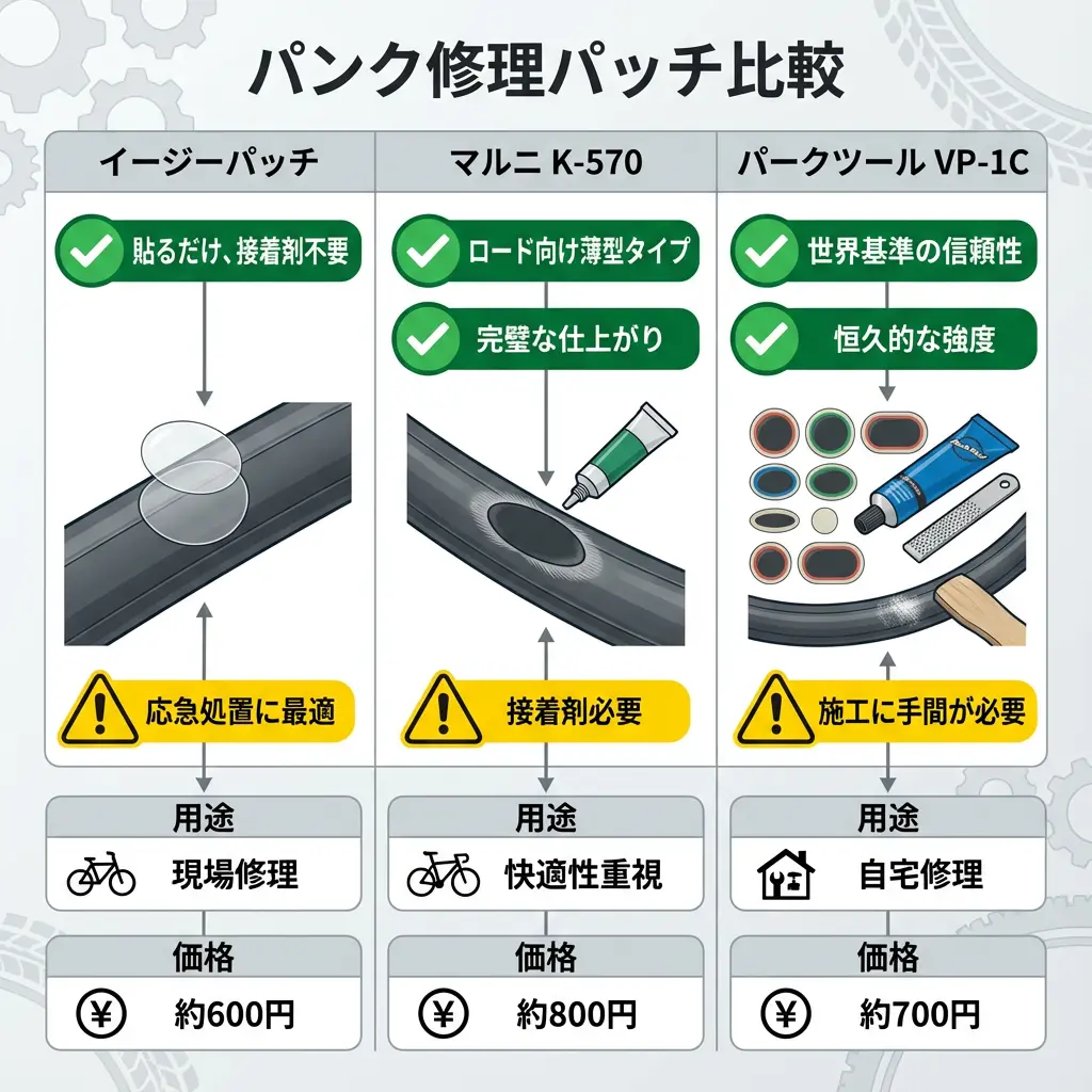 イージーパッチ、マルニK-570、パークツールVP-1Cの3種類のパッチを比較した図