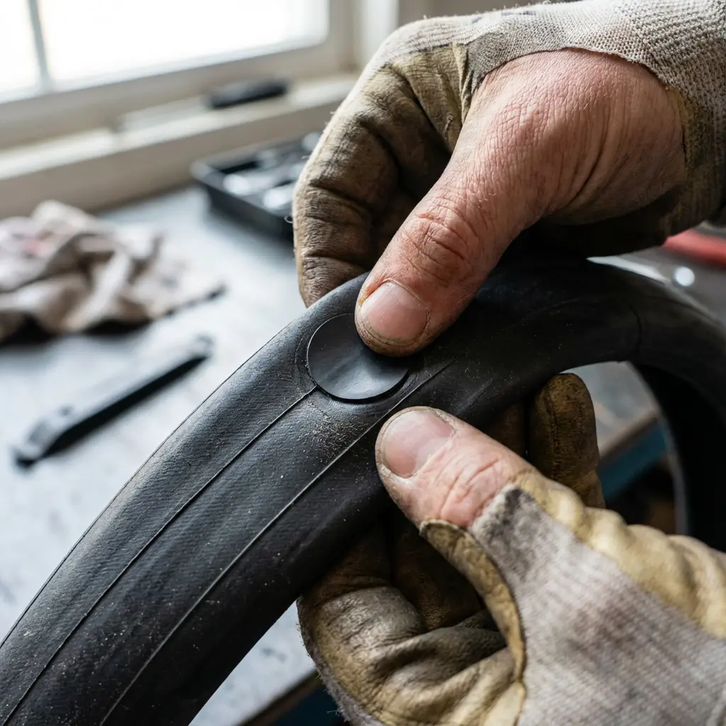 繊細なパンク修理作業の様子。薄いパッチが綺麗に貼られている