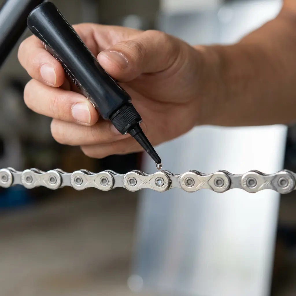 洗浄後の綺麗なチェーンに一コマずつ注油している様子