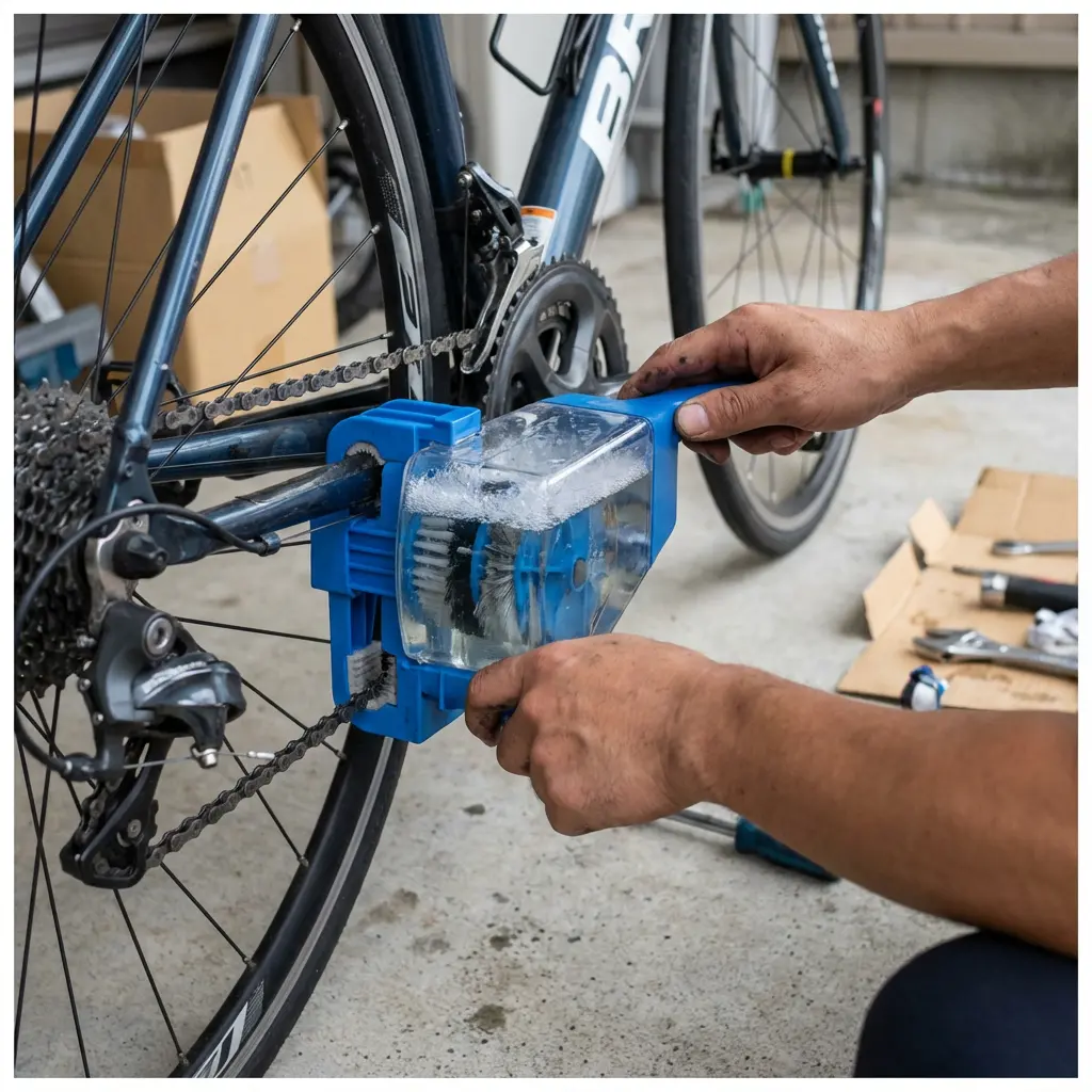 チェーン洗浄機（ガラガラ）を使って洗浄している様子