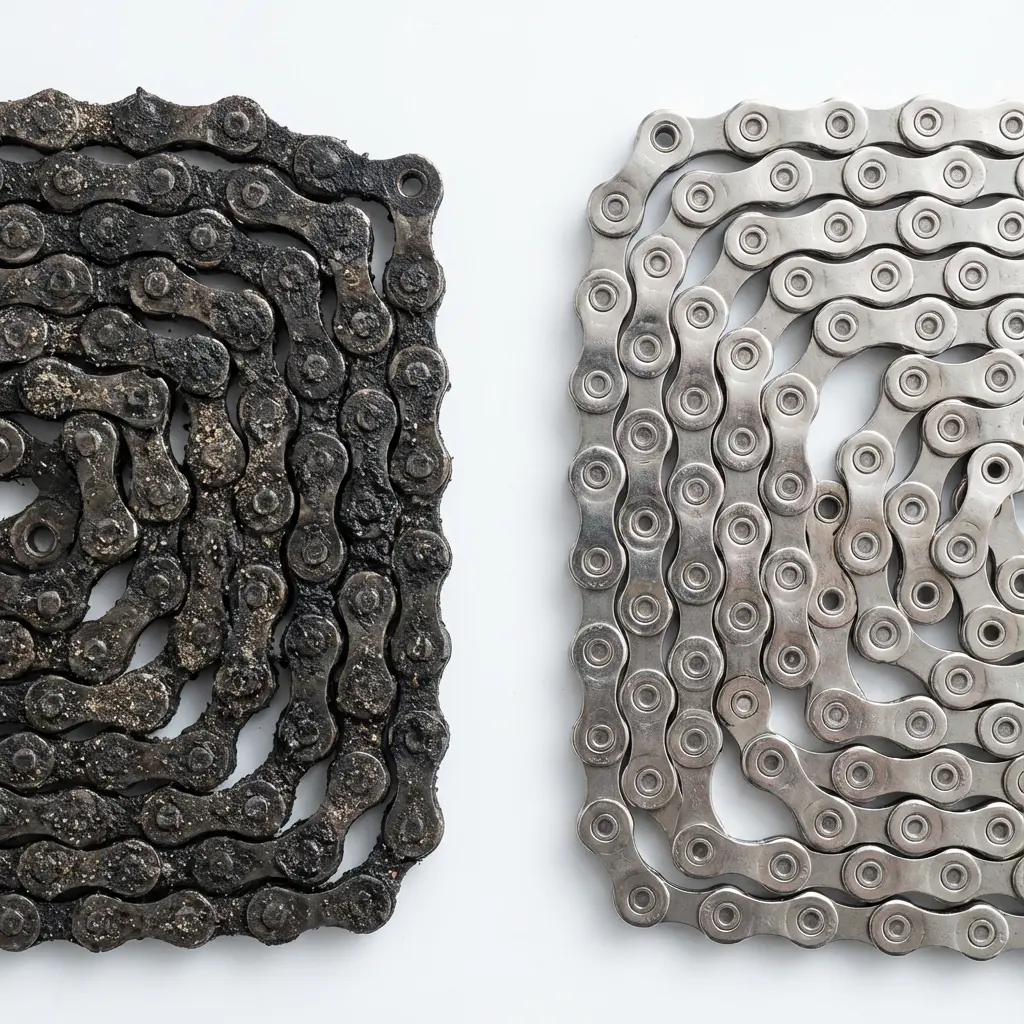 汚れたチェーンと洗浄後のピカピカなチェーンの比較