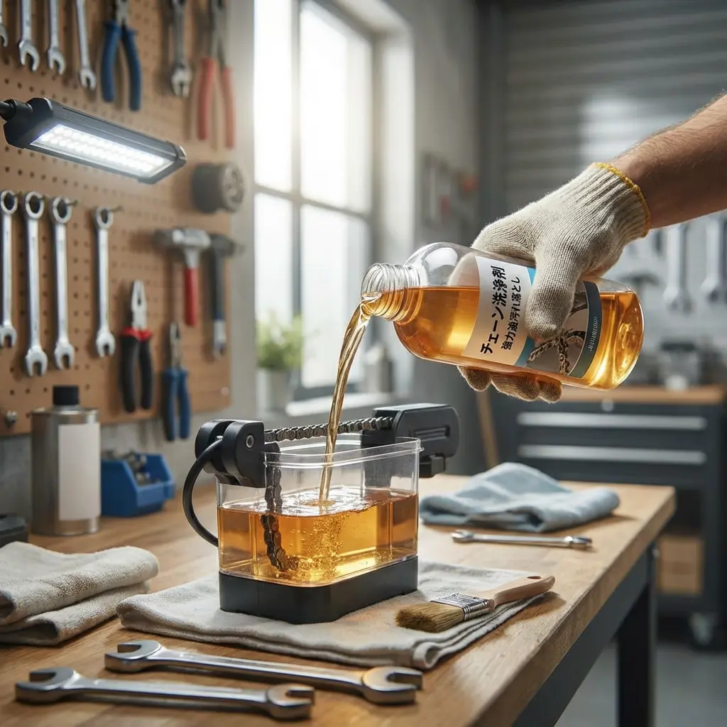 洗浄機に液体クリーナーを注いでいるシーン