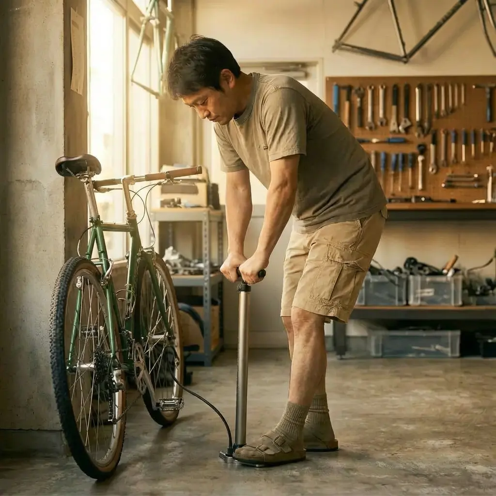 正しい姿勢でフロアポンプを使用するサイクリスト