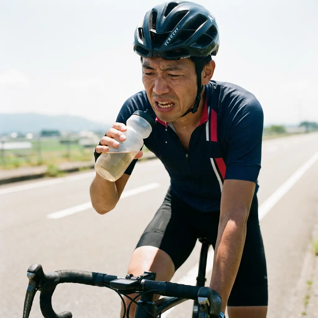 炎天下のサイクリングでぬるくなったボトルを手に絶望するサイクリスト
