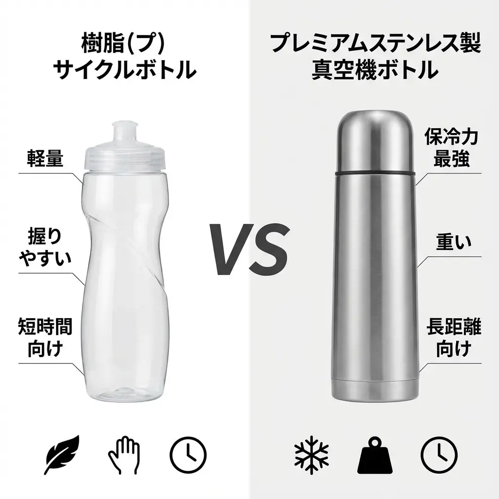 左側に握りやすい樹脂製ボトル、右側に堅牢なステンレス製ボトルを並べた比較イメージ