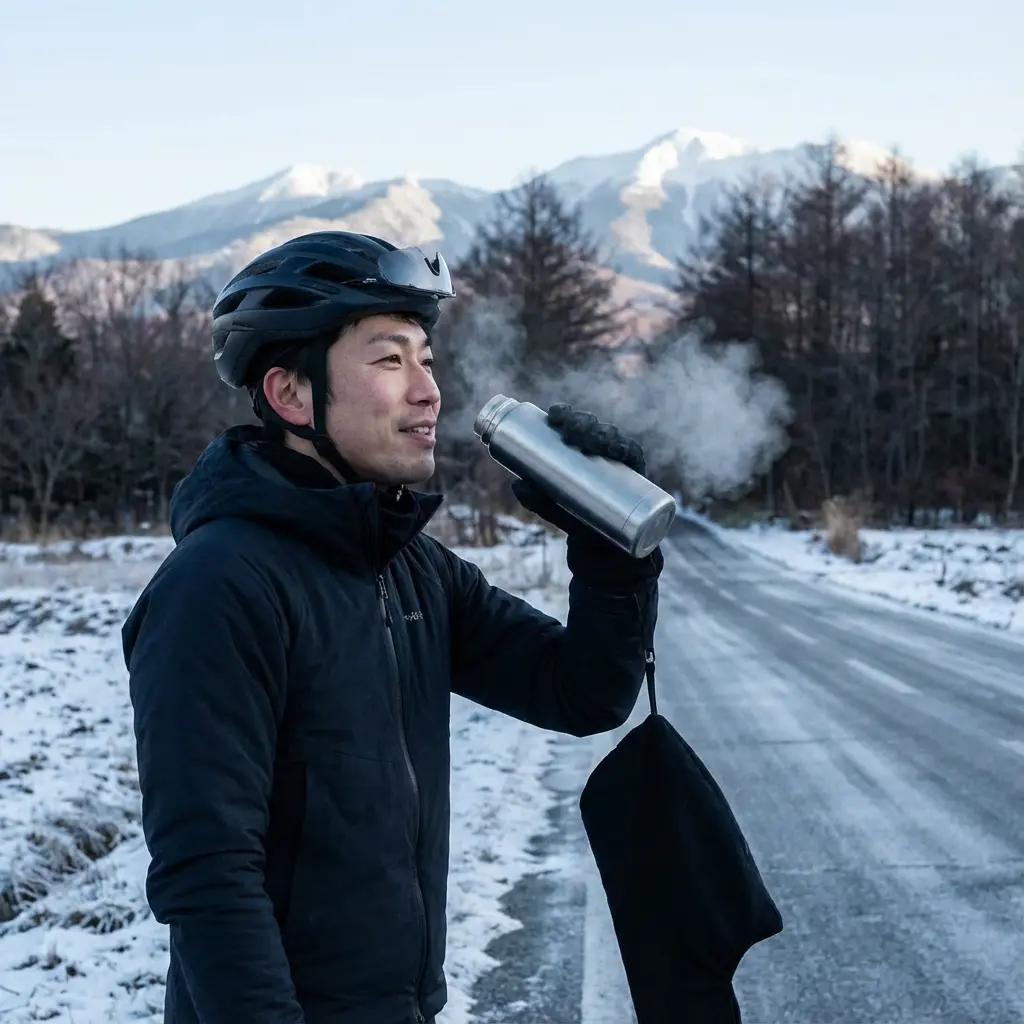 冬の澄んだ空気の中、温かさを保ったボトルで休息をとるサイクリスト