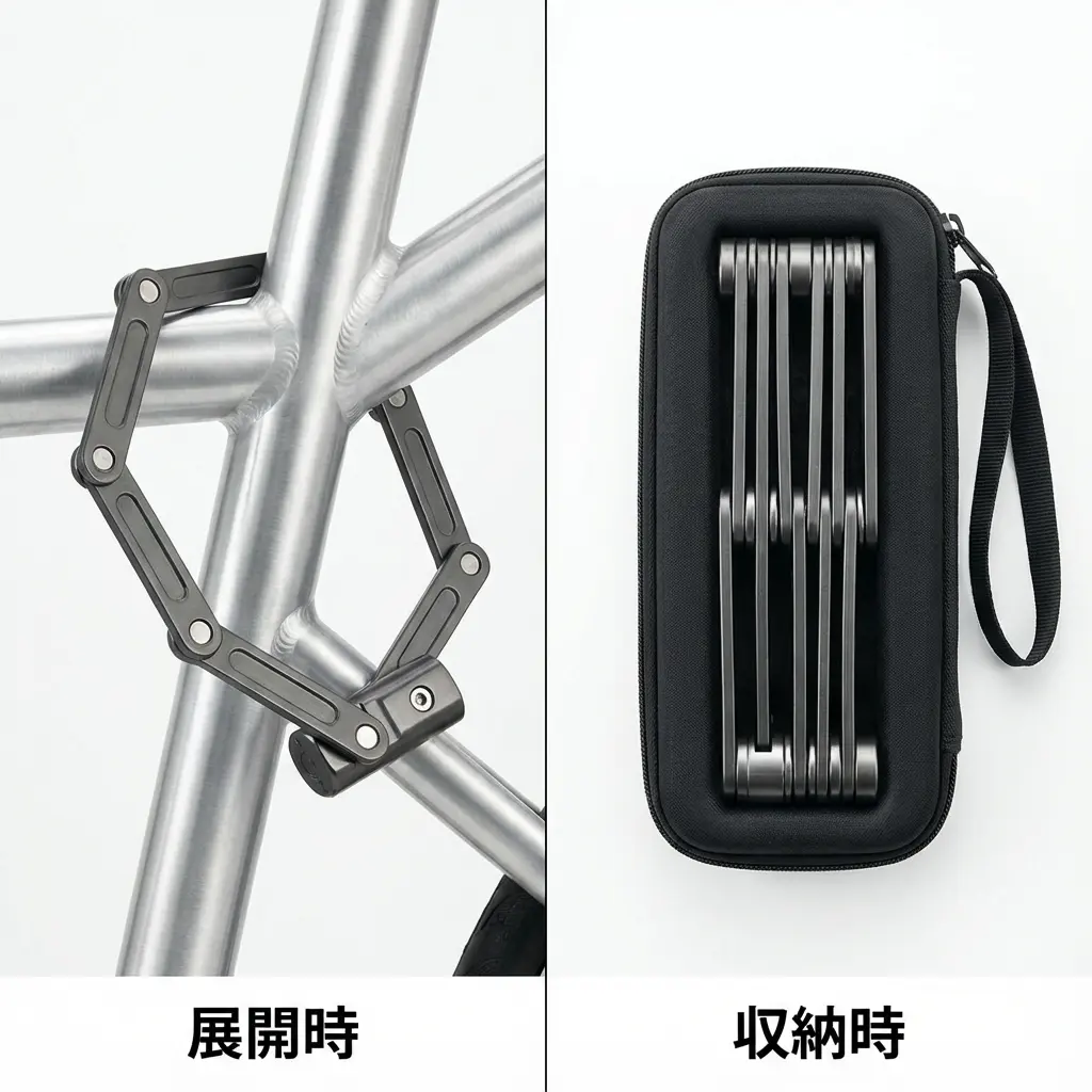 折りたたみ式のブレードロックを展開して自転車に取り付けている様子と、畳んで専用ケースに収納された状態の対比
