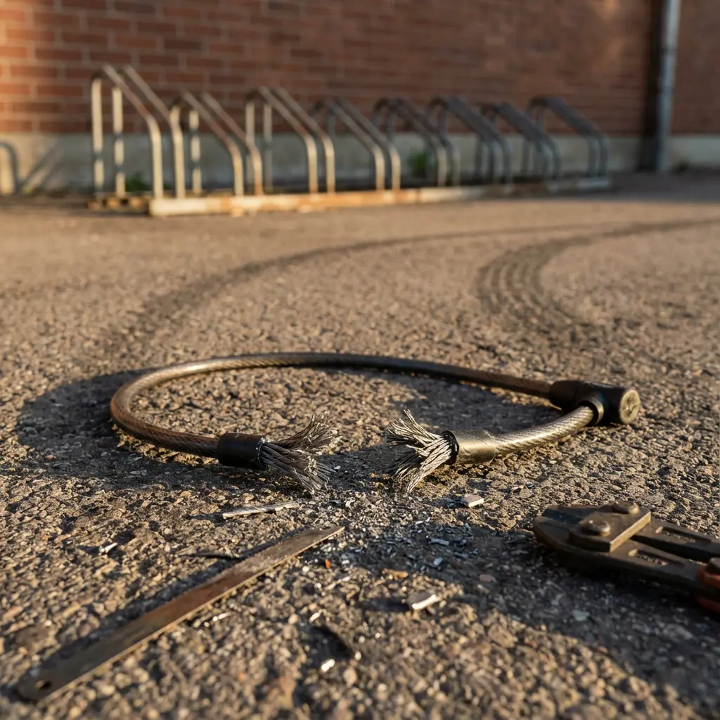 切断された細いワイヤーロックと、自転車が盗まれた後の空っぽの駐輪場の悲しい風景