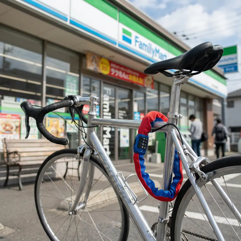 サイクリング中のコンビニ休憩で、軽量なダイヤル式ロックを使ってサッと自転車を施錠しているシーン