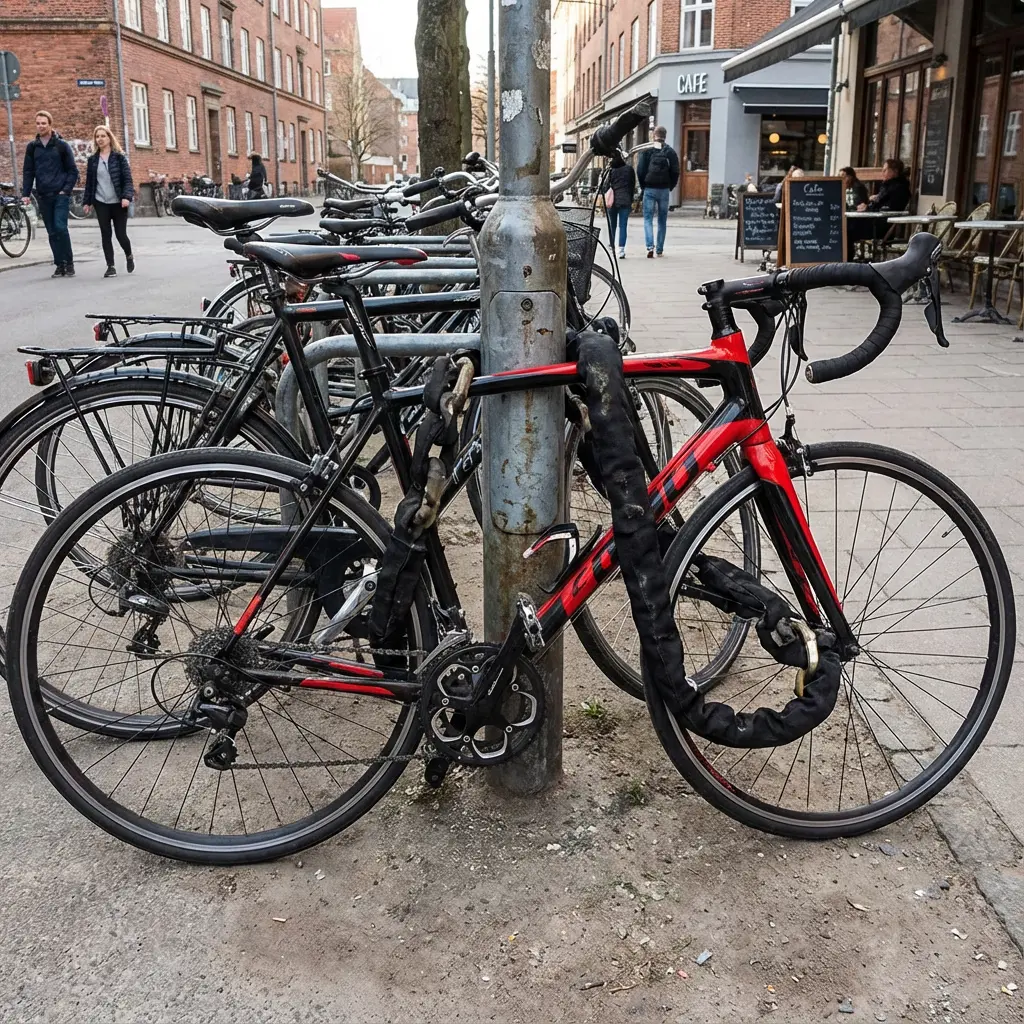 太いチェーンロックを使って、自転車のフレームを街灯やガードレールなどの固定物に地球ロックしている様子