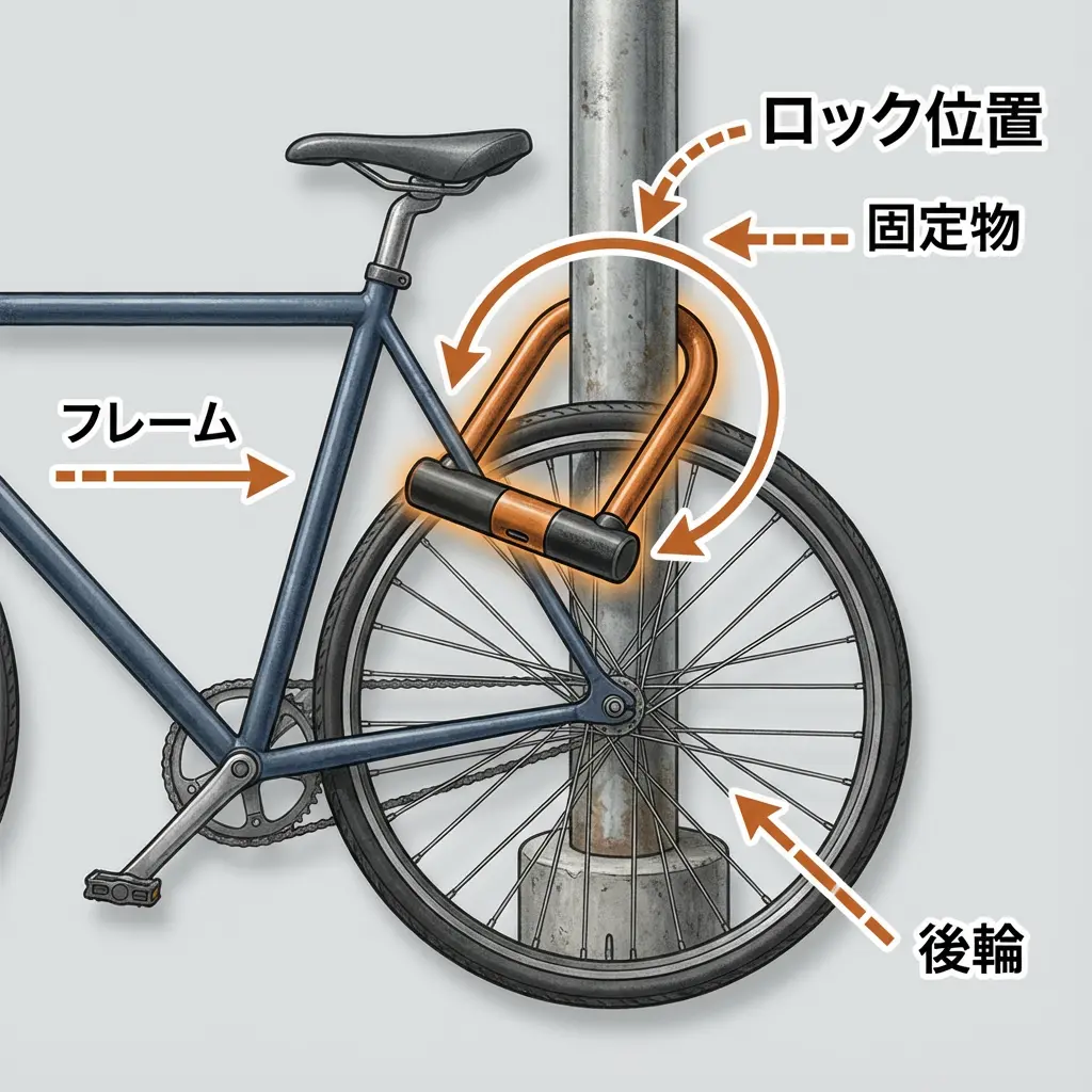 フレームと後輪を一緒に固定物にロックする「地球ロック」の正しい方法を図解したイラスト