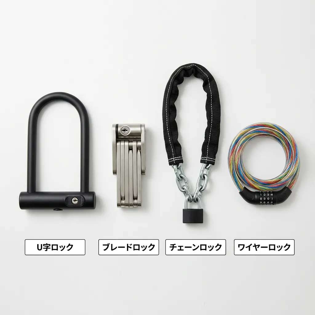 U字ロック、チェーンロック、ブレードロック、ワイヤーロックの4種類を並べ、それぞれの太さと強度の違いを比較した図