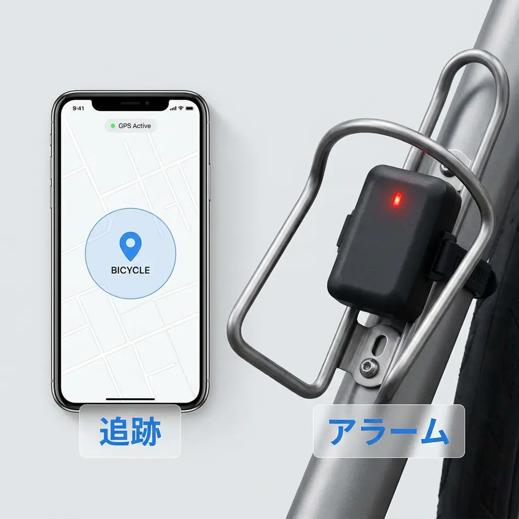 スマートフォンの地図アプリ画面に自転車の現在地が表示されているイメージと、自転車に取り付けられたアラームデバイス