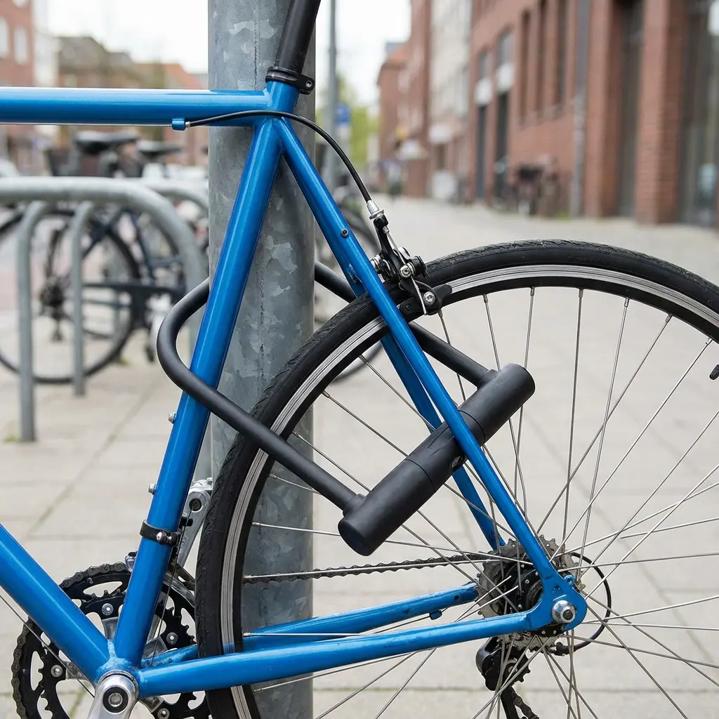 街中の駐輪場で、頑丈なU字ロックを使ってロードバイクのフレームと固定物をしっかりロックしている様子