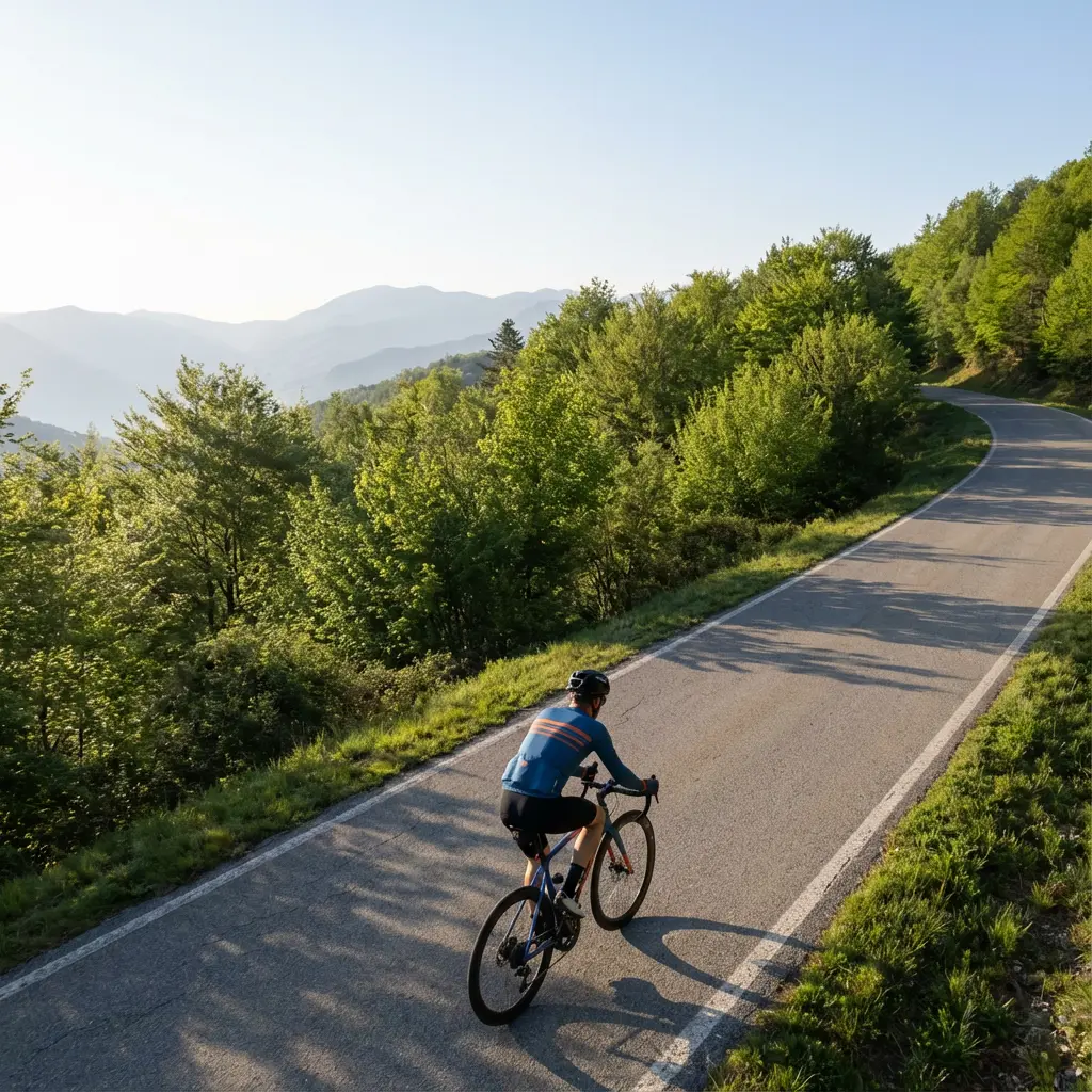 新緑の峠道を快適に走るロードバイクのサイクリスト