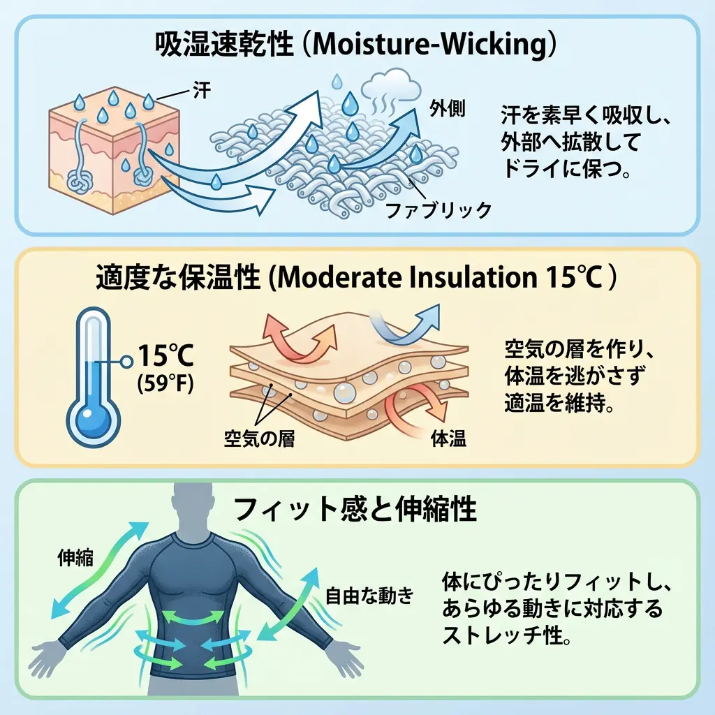 吸汗速乾性、適度な保温性、フィット感の3つのポイントを示す図