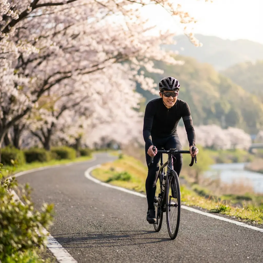 紅葉のサイクリングロードを走る長袖ジャージ姿のサイクリスト